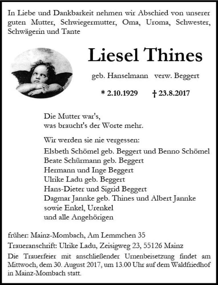  Traueranzeige für Liesel Thines vom 26.08.2017 aus Trauerportal Rhein Main Presse