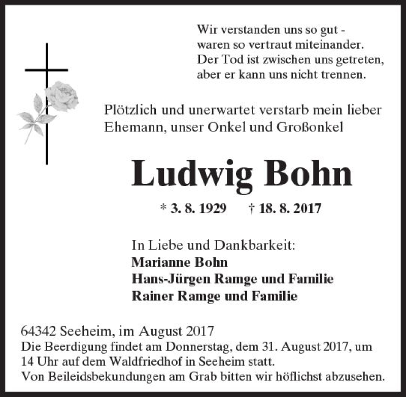  Traueranzeige für Ludwig Bohn vom 26.08.2017 aus Trauerportal Echo Online