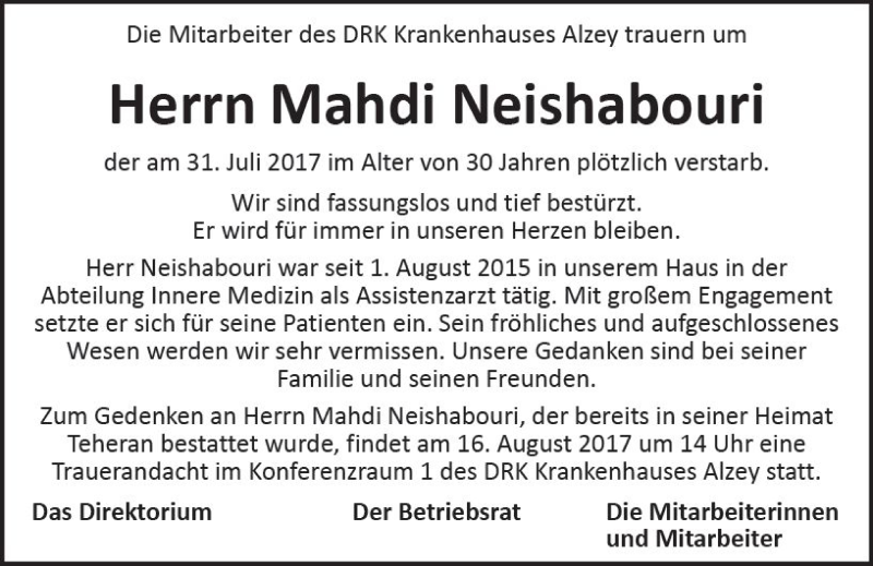  Traueranzeige für Mahdi Neishabouri vom 12.08.2017 aus Trauerportal Rhein Main Presse