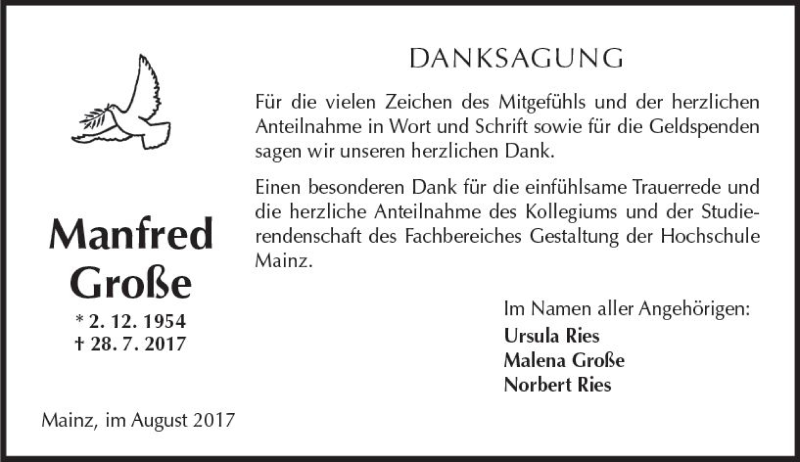 Traueranzeige für Manfred Große vom 12.08.2017 aus Trauerportal Rhein Main Presse