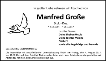 Traueranzeige von Manfred Große von Trauerportal Rhein Main Presse
