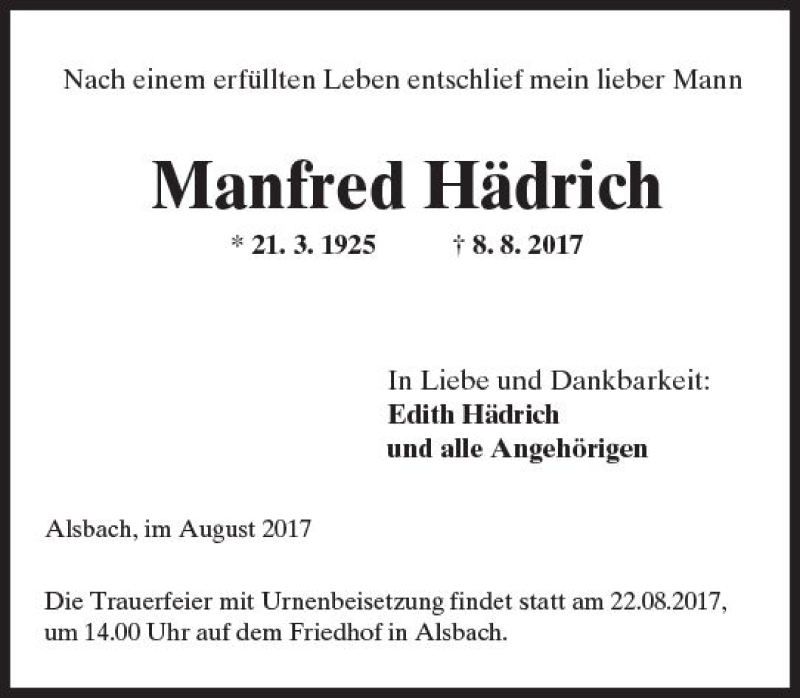  Traueranzeige für Manfred Hädrich vom 19.08.2017 aus Trauerportal Echo Online