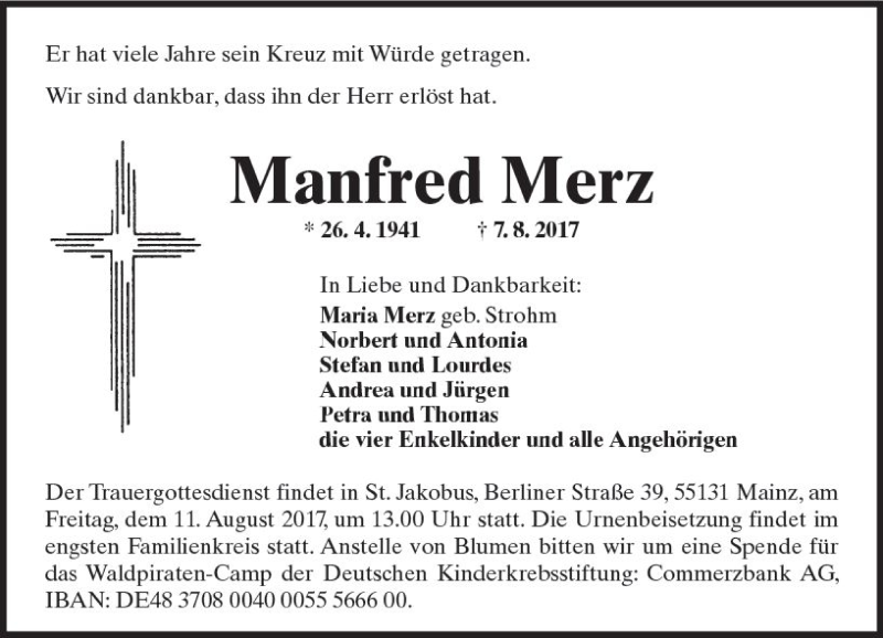  Traueranzeige für Manfred Merz vom 09.08.2017 aus Trauerportal Rhein Main Presse