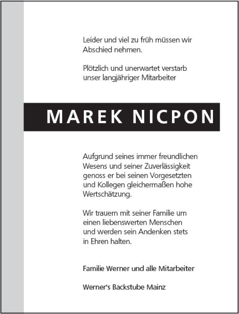  Traueranzeige für Marek Nicpon vom 12.08.2017 aus Trauerportal Rhein Main Presse
