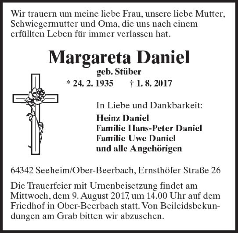  Traueranzeige für Margareta Daniel vom 05.08.2017 aus Trauerportal Echo Online