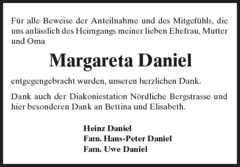  Traueranzeige für Margareta Daniel vom 26.08.2017 aus Trauerportal Echo Online