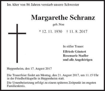 Traueranzeige von Margarethe Schranz von Trauerportal Echo Online