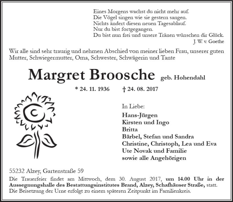  Traueranzeige für Margret Broosche vom 26.08.2017 aus Trauerportal Rhein Main Presse