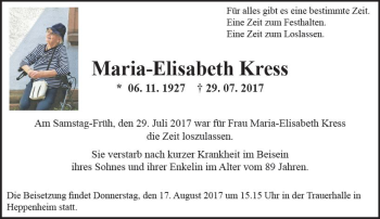 Traueranzeige von Maria-Elisabeth Kress von Trauerportal Echo Online
