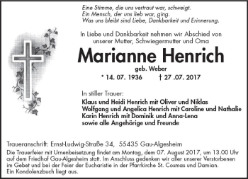 Traueranzeige von Marianne Henrich von Trauerportal Rhein Main Presse