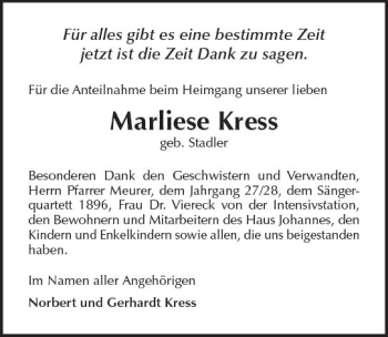 Traueranzeige von Marliese Kress von Trauerportal Echo Online