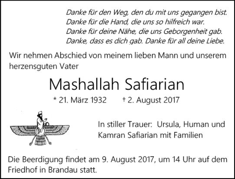  Traueranzeige für Mashallah Safiarian vom 05.08.2017 aus Trauerportal Echo Online