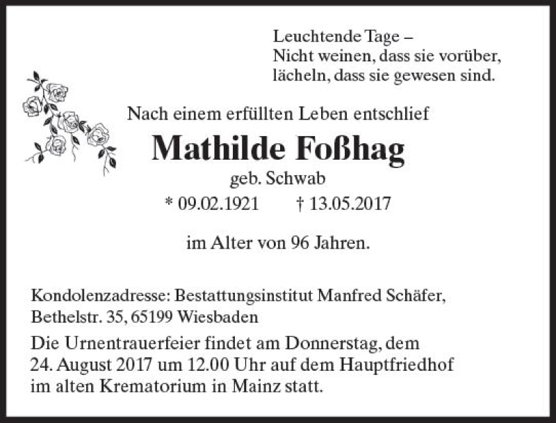  Traueranzeige für Mathilde Foßhag vom 19.08.2017 aus Trauerportal Rhein Main Presse