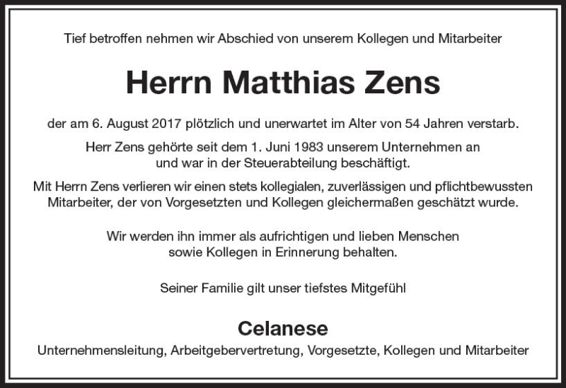  Traueranzeige für Matthias Zens vom 11.08.2017 aus Trauerportal Rhein Main Presse