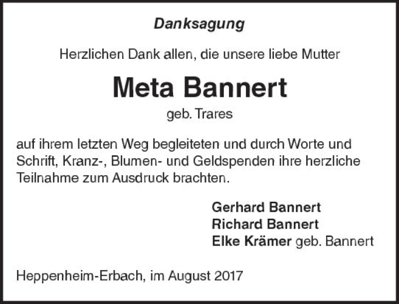  Traueranzeige für Meta Bannert vom 05.08.2017 aus Trauerportal Echo Online