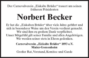 Traueranzeige von Norbert Becker von Trauerportal Rhein Main Presse