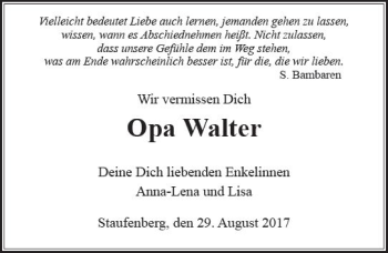 Traueranzeige von Opa Walter  von  Gießener Anzeiger