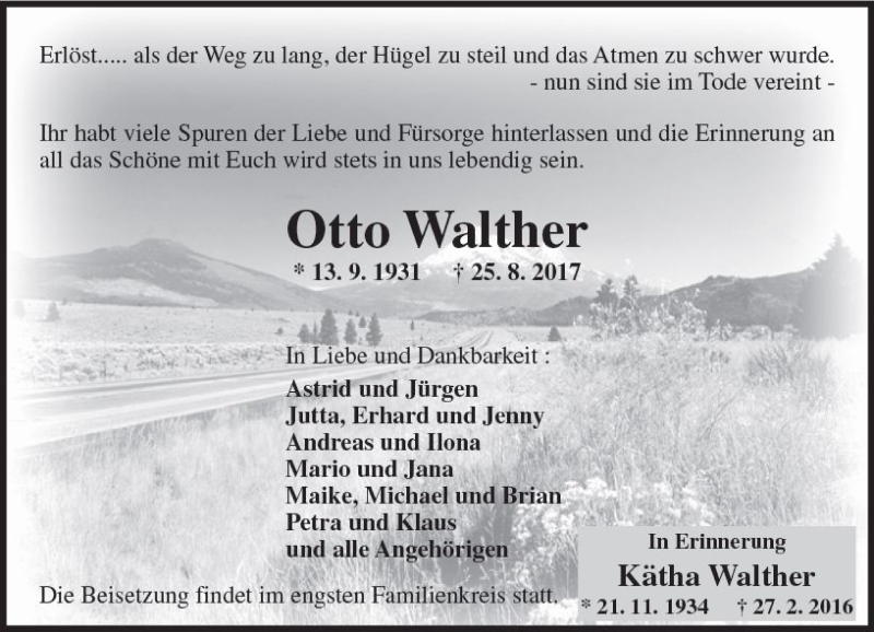  Traueranzeige für Otto Walther vom 29.08.2017 aus Trauerportal Echo Online