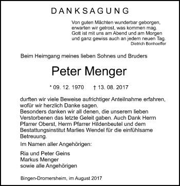 Traueranzeige von Peter Menger von Trauerportal Rhein Main Presse