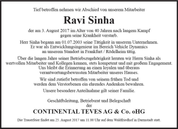 Traueranzeige von Ravi Sinha von Trauerportal Echo Online