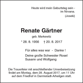 Traueranzeige von Renate Gärtner von Trauerportal Echo Online