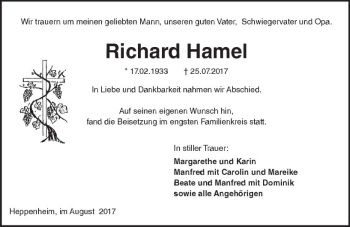 Traueranzeige von Richard Hamel von Trauerportal Echo Online