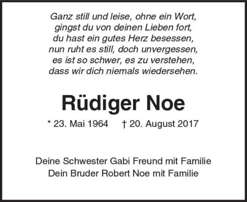  Traueranzeige für Rüdiger Noe vom 31.08.2017 aus  Camberger Anzeiger