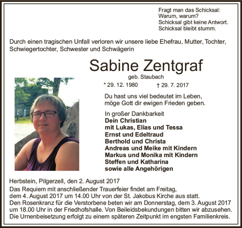 Traueranzeige für Sabine Zentgraf vom 02.08.2017 aus VRM Trauer