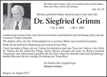 Traueranzeige von Siegfried Grimm von Trauerportal Rhein Main Presse