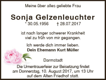 Traueranzeige von Sonja Gelzenleuchter von Trauerportal Echo Online