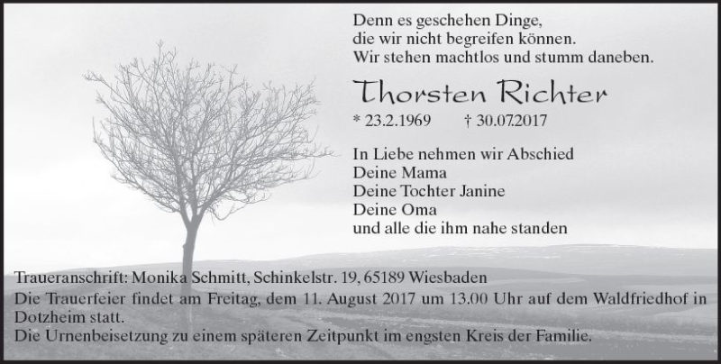 Traueranzeige für Thorsten Richter vom 05.08.2017 aus Trauerportal Rhein Main Presse
