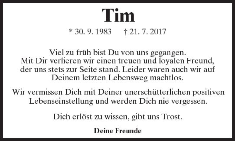  Traueranzeige für Tim Racinowski vom 02.08.2017 aus Trauerportal Rhein Main Presse