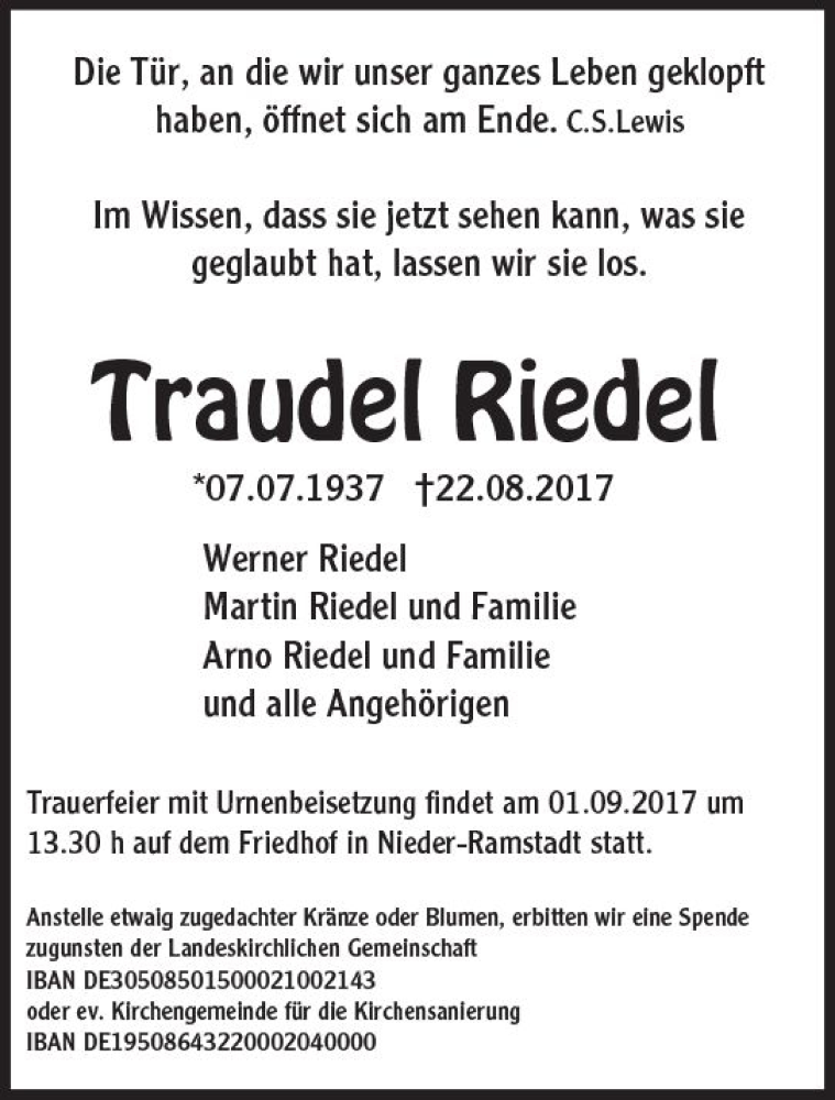  Traueranzeige für Traudel Riede vom 26.08.2017 aus Trauerportal Rhein Main Presse