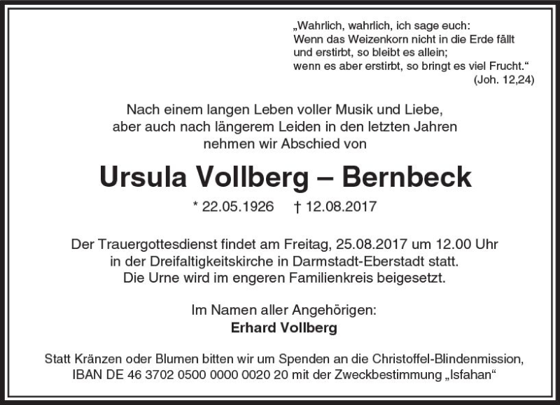  Traueranzeige für Ursula Vollberg-Bernbeck vom 19.08.2017 aus  Usinger Anzeiger