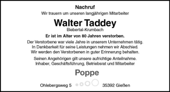 Traueranzeige von Walter Taddey von  Gießener Anzeiger