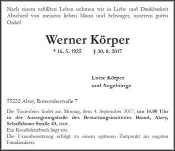 Traueranzeige von Werner Körper von Trauerportal Rhein Main Presse
