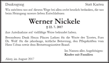 Traueranzeige von Werner Nickele von Trauerportal Rhein Main Presse