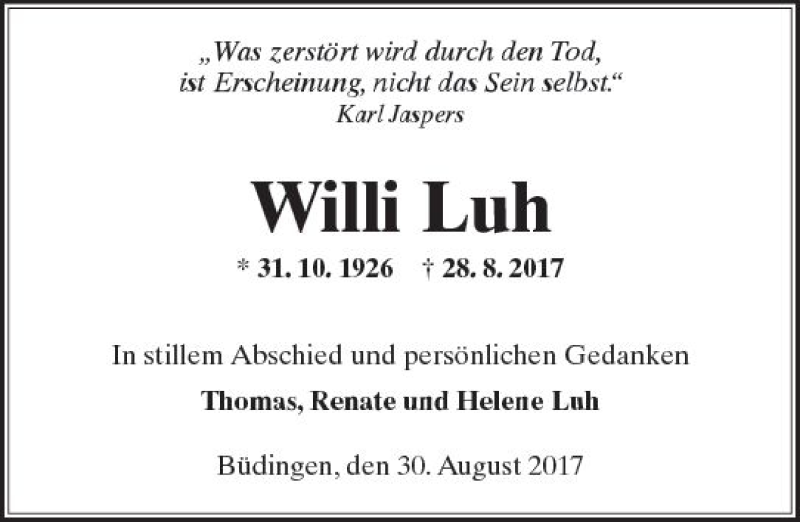  Traueranzeige für Willi Luh vom 30.08.2017 aus  Kreisanzeiger
