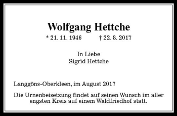 Traueranzeige von Wolfgang Hettche von  Gießener Anzeiger