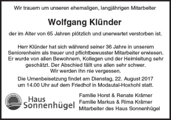 Traueranzeige von Wolfgang Klünder von Trauerportal Echo Online