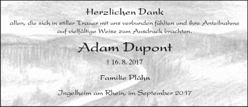  Traueranzeige für Adam Dupont vom 30.09.2017 aus Trauerportal Rhein Main Presse