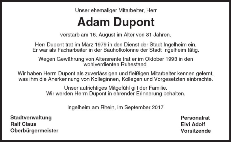  Traueranzeige für Adam Dupont vom 09.09.2017 aus Trauerportal Rhein Main Presse