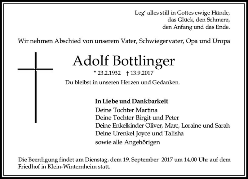  Traueranzeige für Adolf Bottlinger vom 16.09.2017 aus Trauerportal Rhein Main Presse
