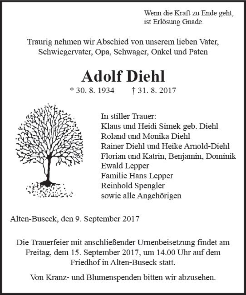 Traueranzeigen von Adolf Diehl www.vrmtrauer.de