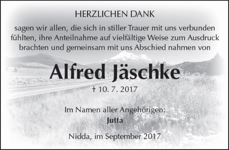  Traueranzeige für Alfred Jäschke vom 02.09.2017 aus  Kreisanzeiger