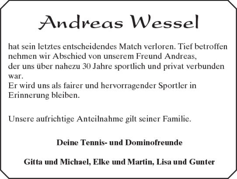  Traueranzeige für Andreas Wessel vom 20.09.2017 aus Trauerportal Rhein Main Presse
