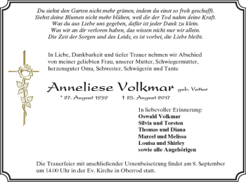 Traueranzeige von Anneliese Volkmar von Trauerportal Rhein Main Presse
