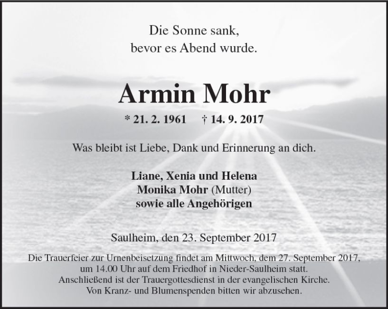  Traueranzeige für Armin Mohr vom 23.09.2017 aus Trauerportal Rhein Main Presse