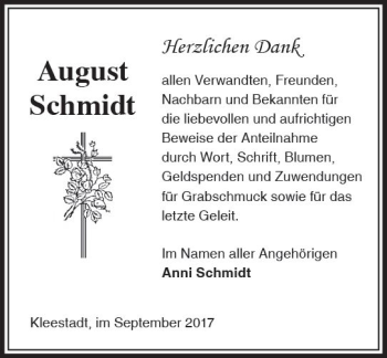 Traueranzeige von August Schmidt von Trauerportal Echo Online