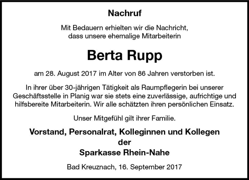  Traueranzeige für Berta Rupp vom 16.09.2017 aus Trauerportal Rhein Main Presse